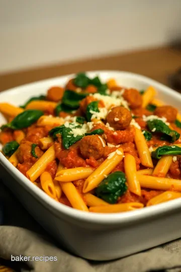 Cheesy Italian Sausage and Spinach Pasta Bake presentation