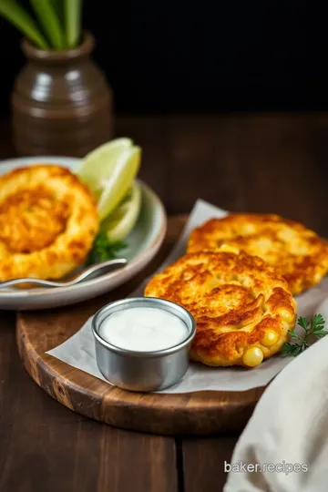 Crispy Corn Fritters with Greek Yogurt Sauce presentation