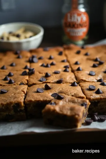 Gooey Chocolate Chip Cookie Bars with Lily s Baking Chips presentation