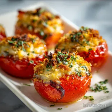 Day 146 Baked Stuffed Tomatoes: Golden Recipe Card