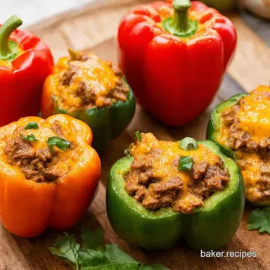 Best Ever Cheesy Beef Stuffed Capsicums Bell Peppers Recipe Card