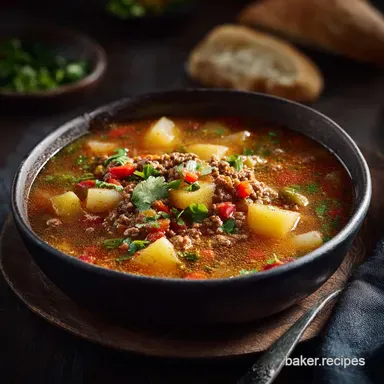 Easy Mexican Ground Beef and Potatoes Soup Caldo de Picadillo Recipe Card