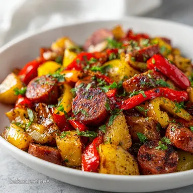 Kielbasa Hash Skillet Recipe with Garlic for 4 Recipe Card