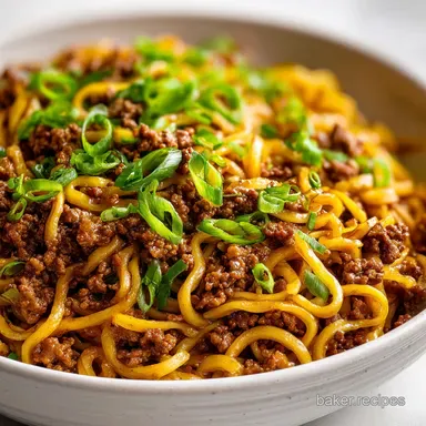 Mongolian Ground Beef Noodles in 20 Minutes Recipe Card