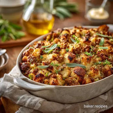 Sausage Stuffing: The Best Oven Baked Stuffing Recipe with Sage Recipe Card