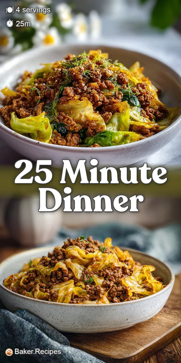 Close-up of savory beef mince and cabbage. Hints of garlic glistening, dark beef contrasted by tender cabbage. Warm, invit...