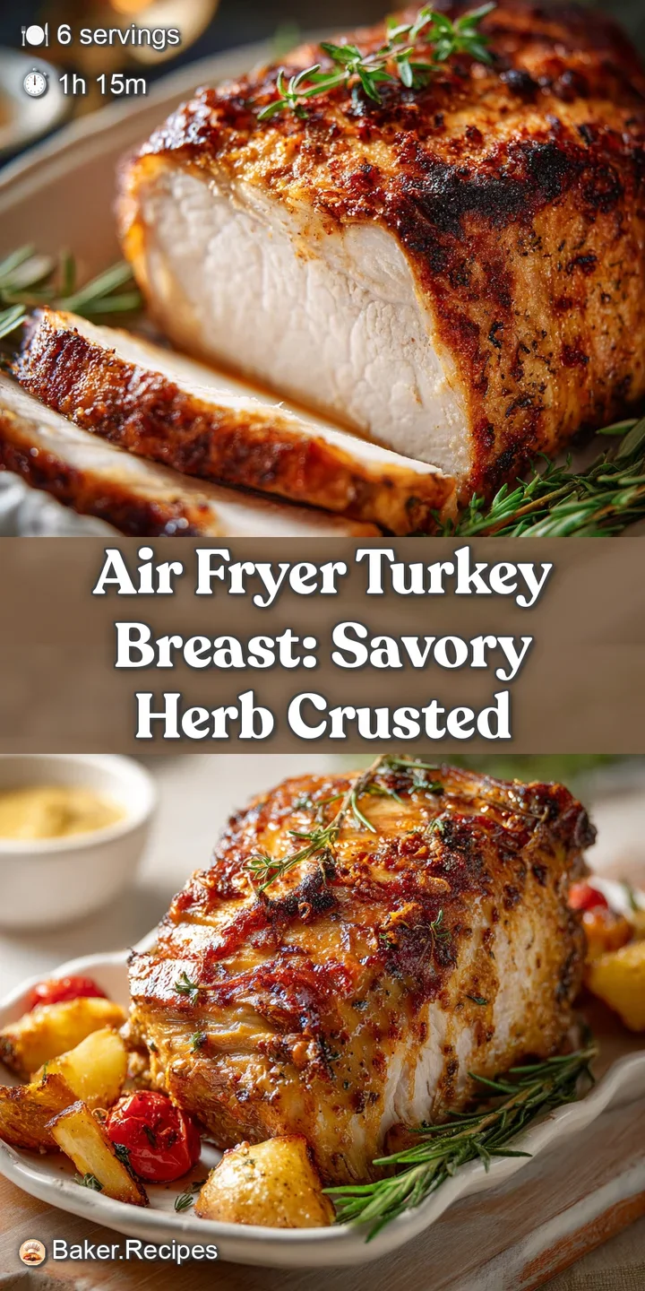 Close-up: Crispy, golden-brown turkey skin glistens, hinting at juicy, tender meat beneath. Herbs dot the surface.