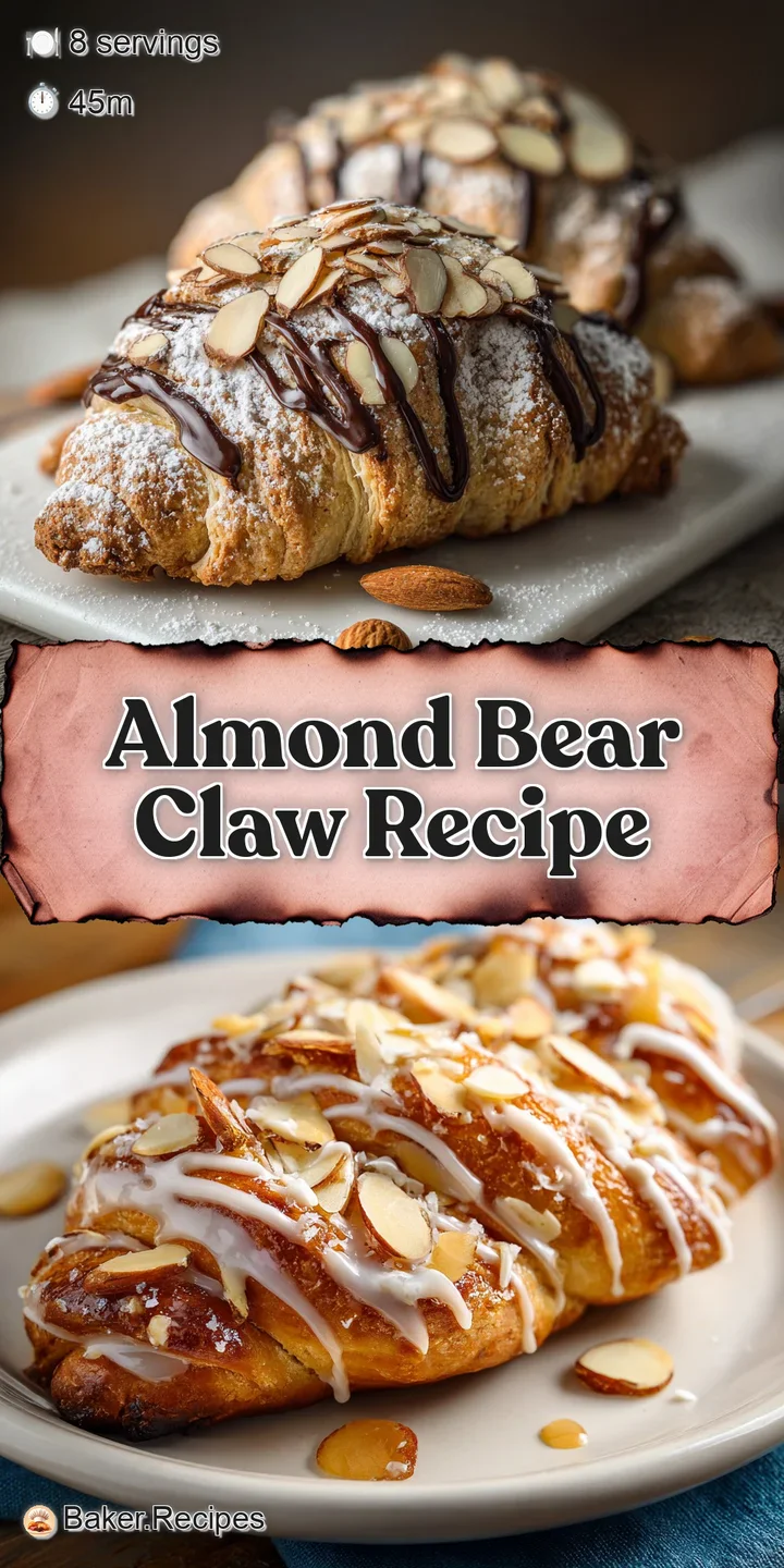 Close-up of a crisp almond bear claw, layers of dough and filling visible, with toasted almonds and sweet glaze.