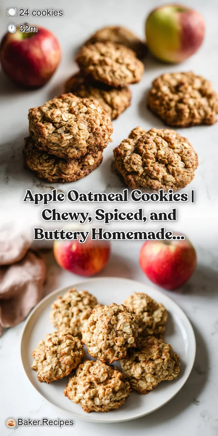 Close-up of a rustic apple oatmeal cookie, revealing soft chewy texture and warm spiced apple pieces.
