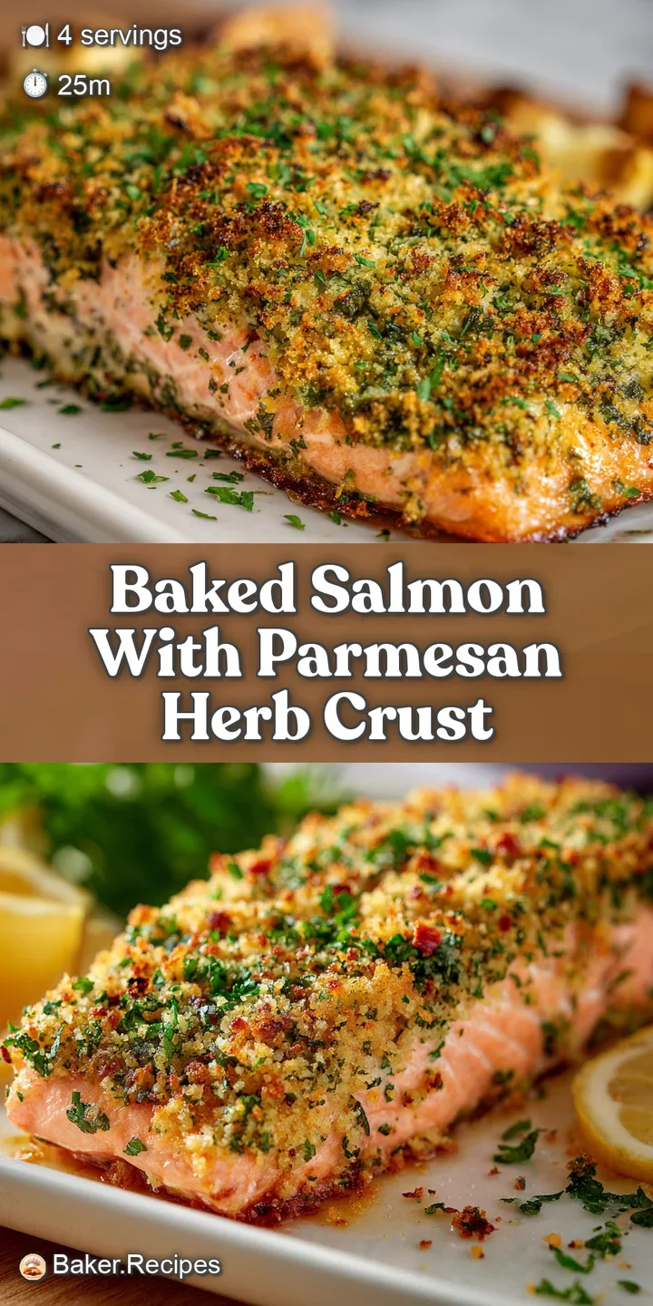 Close-up of baked salmon featuring a perfectly crusted Parmesan herb topping. Juicy, succulent, and irresistibly appetizing.