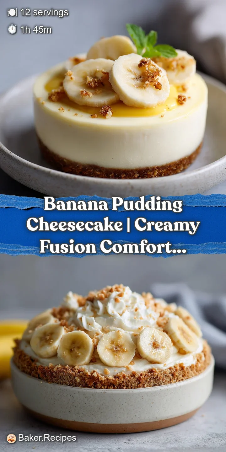 Close-up of a dollop of luscious banana pudding atop a smooth cheesecake with a golden graham cracker crust.