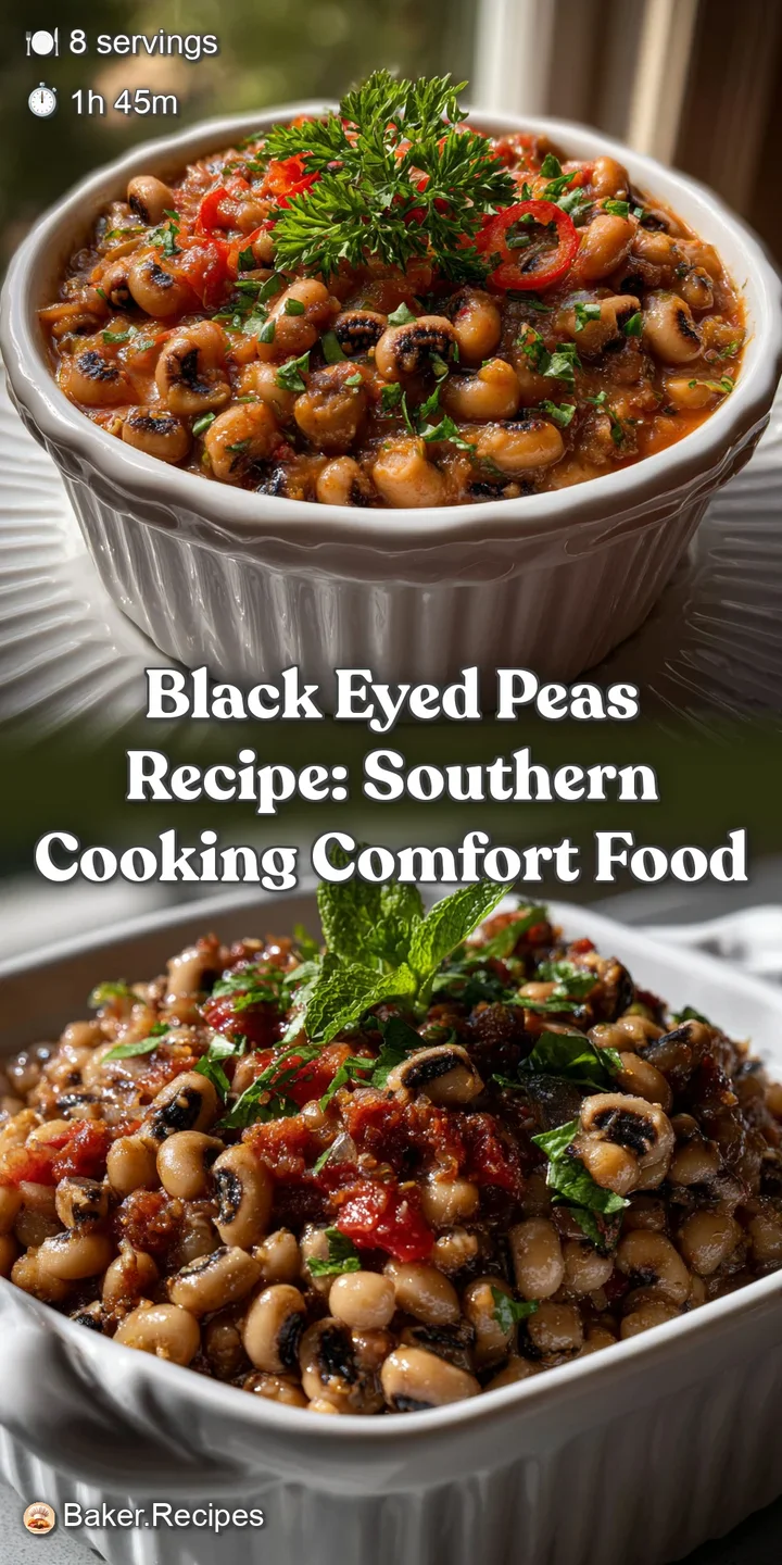 Close-up shot of tender black-eyed peas, a rich, dark broth, and bits of smoky ham, showcasing the dish's comforting, velv...