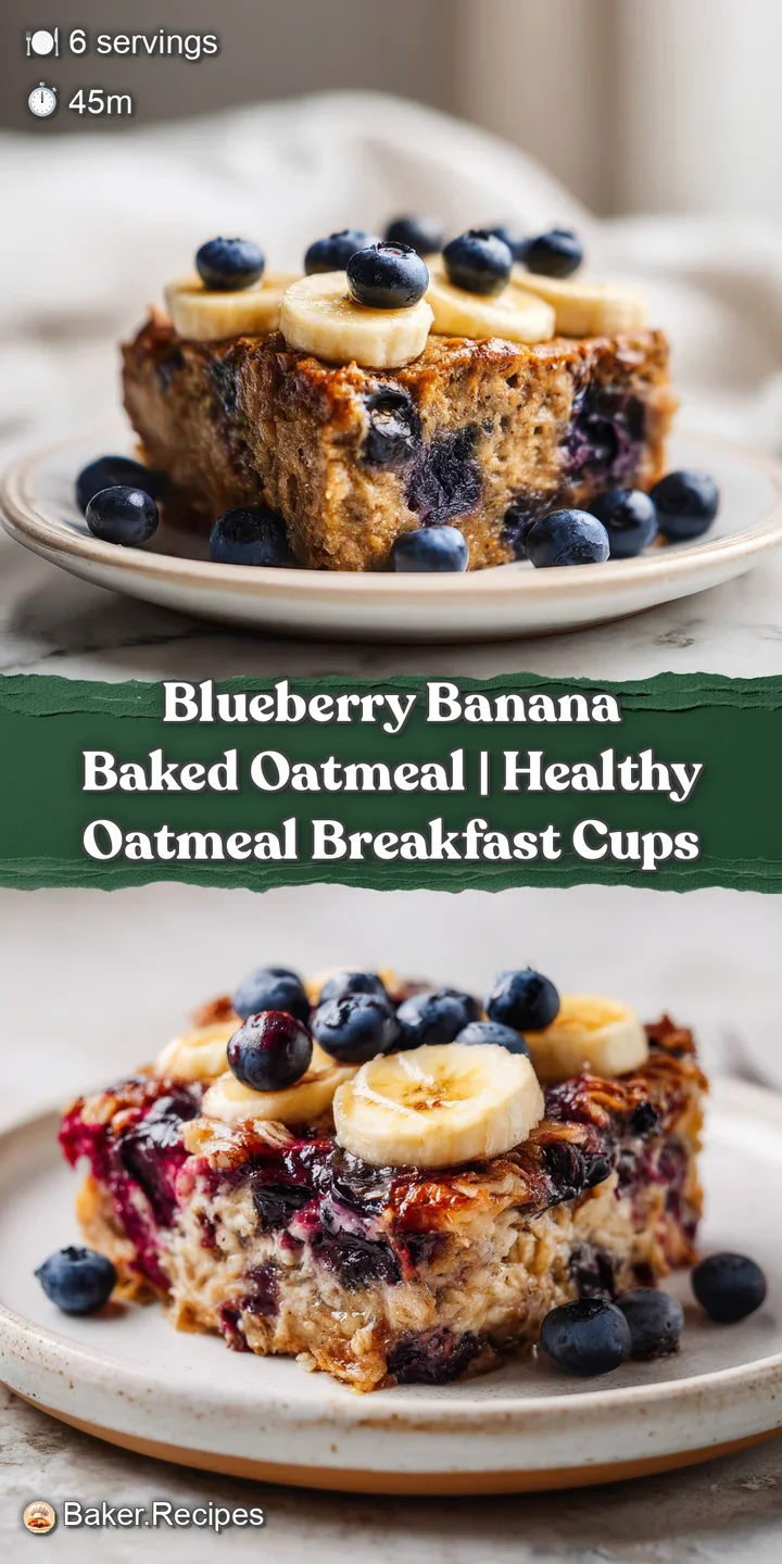 Close-up of golden-brown baked oatmeal revealing plump blueberries and soft banana chunks.