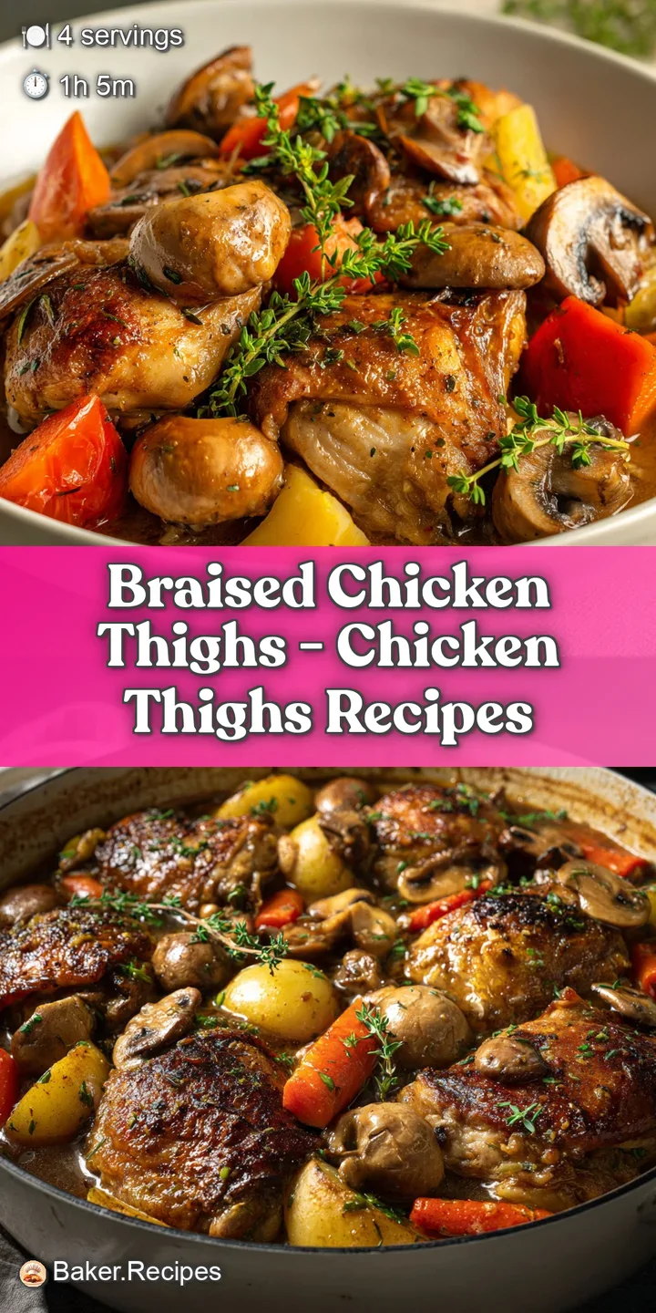 Close-up of tender braised chicken, skin perfectly crisp. Simmered vegetables are glistening in flavorful pan juices.