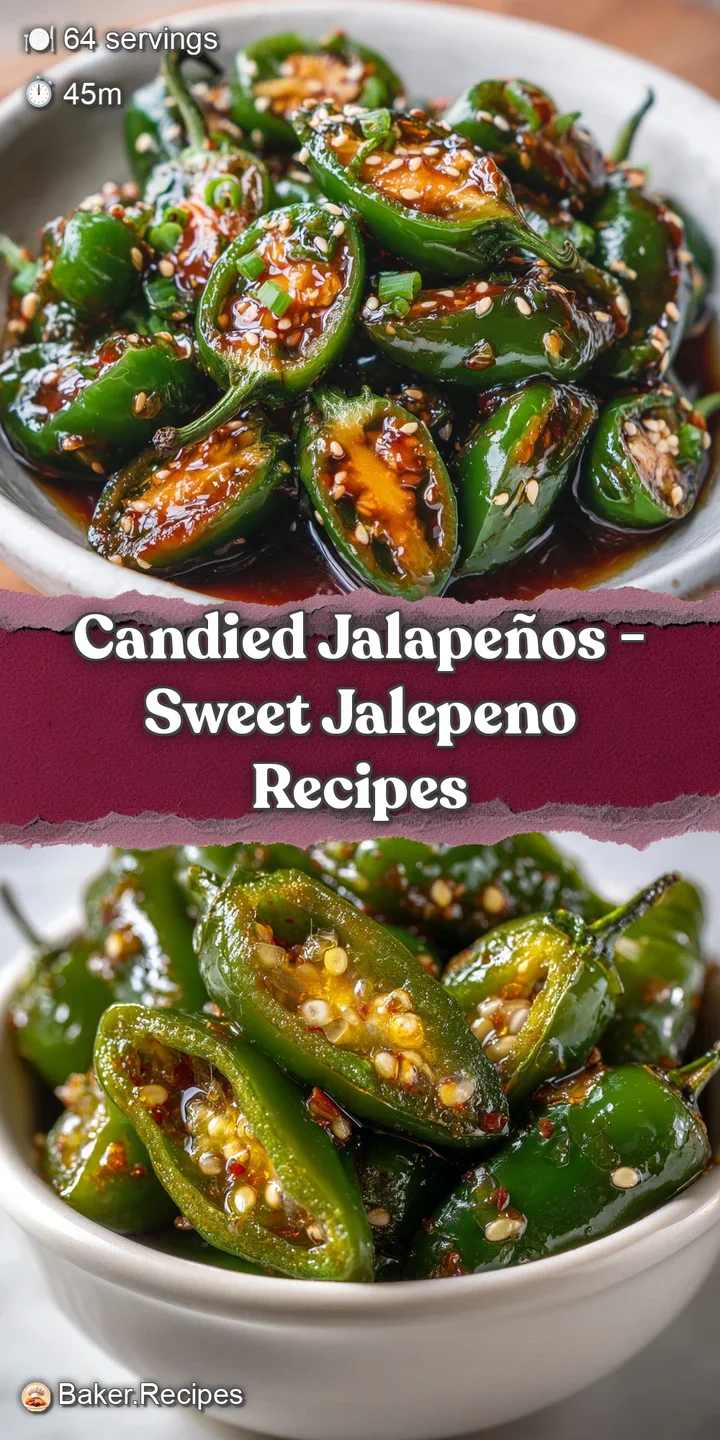 Close-up of glistening candied jalape&ntilde;o rings, showing their translucent, sugary coating and vibrant colors. Sweet heat!