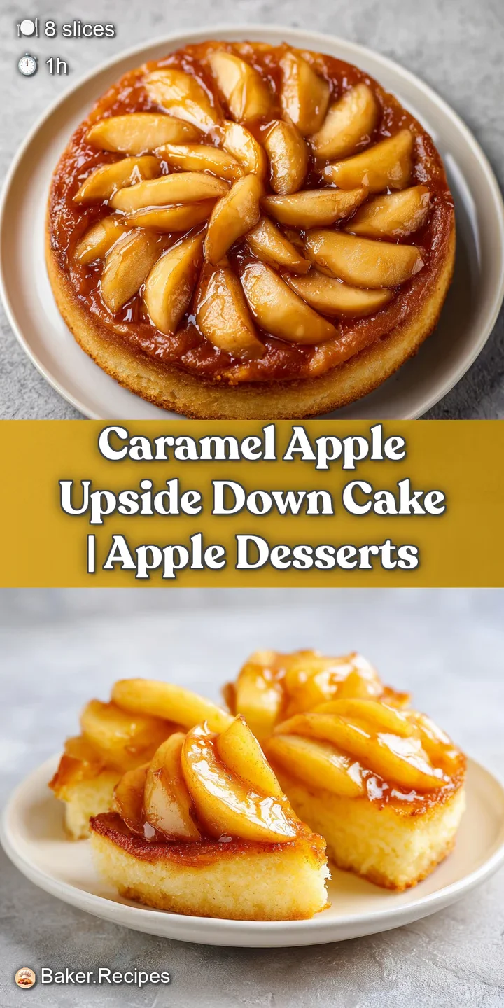 Close-up of translucent, caramelized apple rings with a glossy, sticky glaze over a moist, buttery sponge cake.