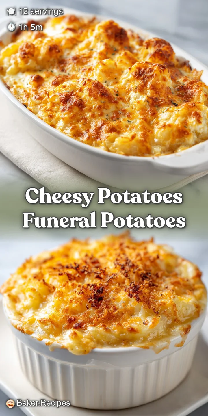 Close-up shows the rich, creamy texture of cheesy potatoes, the bubbling cheese hinting at a savory, comforting baked dish.