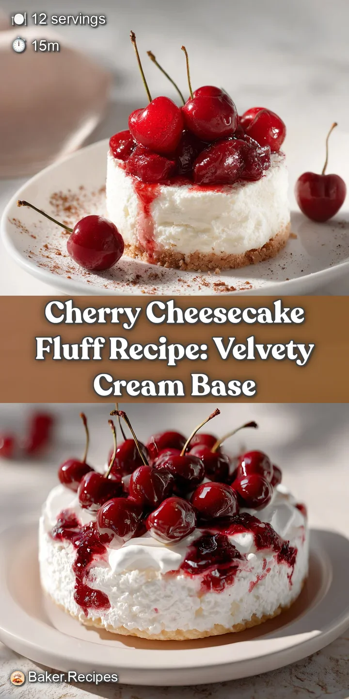 Close-up of creamy, pink cherry cheesecake fluff, swirled with graham cracker pieces and juicy, vibrant red cherry halves,...