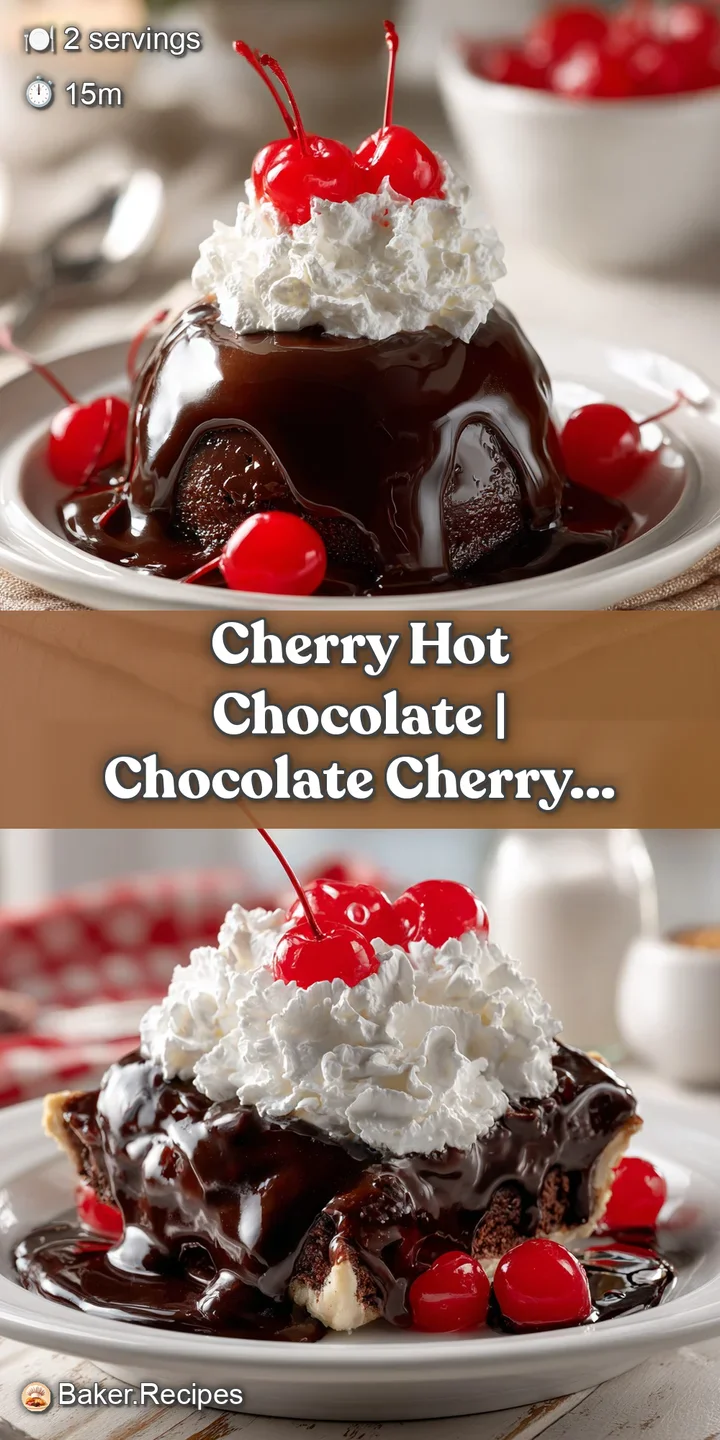 Close-up of velvety dark chocolate with a floating red cherry and a dusting of cinnamon over thick white foam.