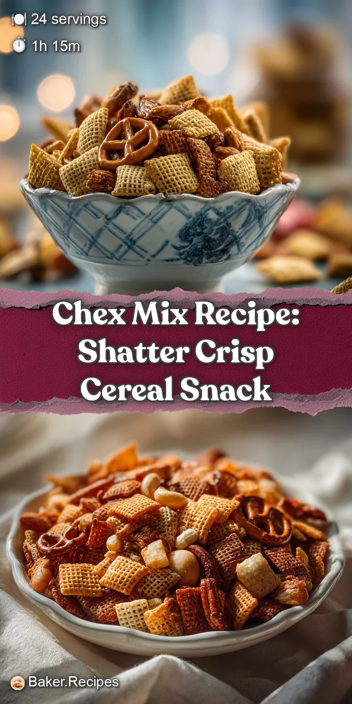 Close-up of baked Chex mix highlighting the uneven textures, glossy coating, and visible spices. An irresistible salty and...