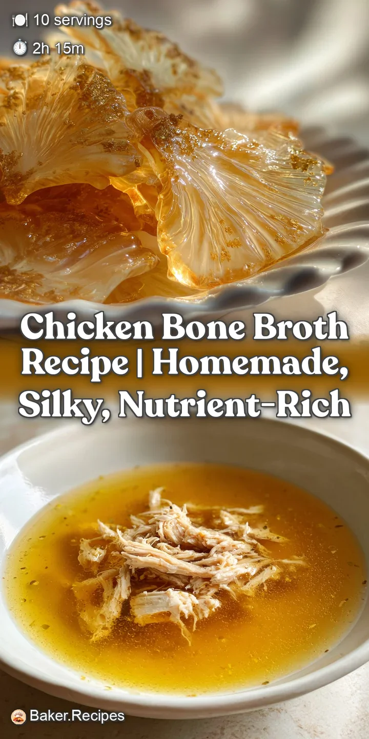 Close-up of simmering chicken broth, highlighting the rich amber color, tender chicken pieces, and vibrant vegetables floa...