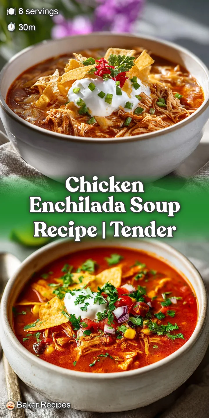 Close-up of rich, flavorful chicken enchilada soup, showing the creamy texture and colorful mix of ingredients.