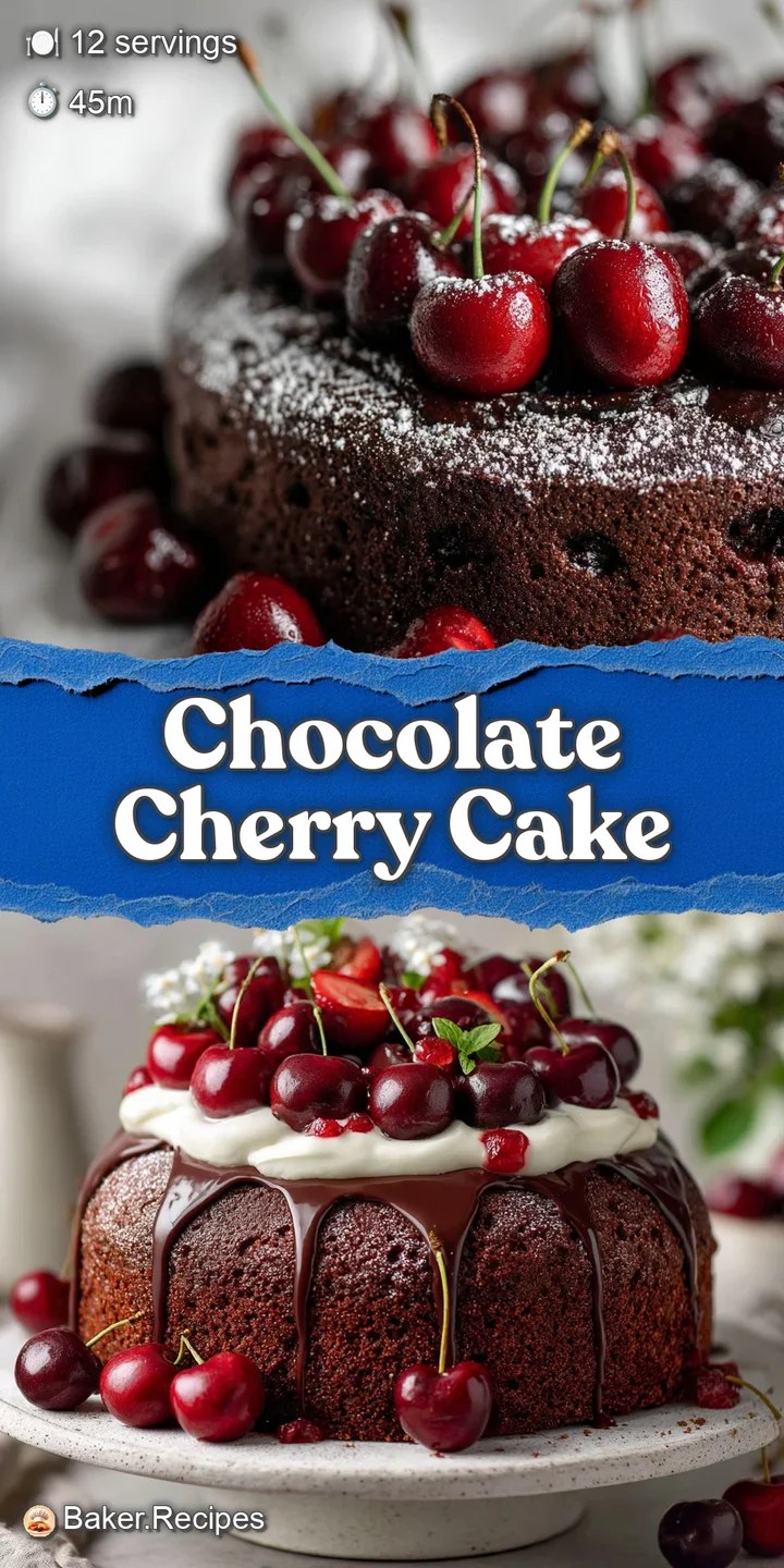 Close-up of moist chocolate cake speckled with juicy, bright red cherries; visible steam suggests a warm, comforting indul...