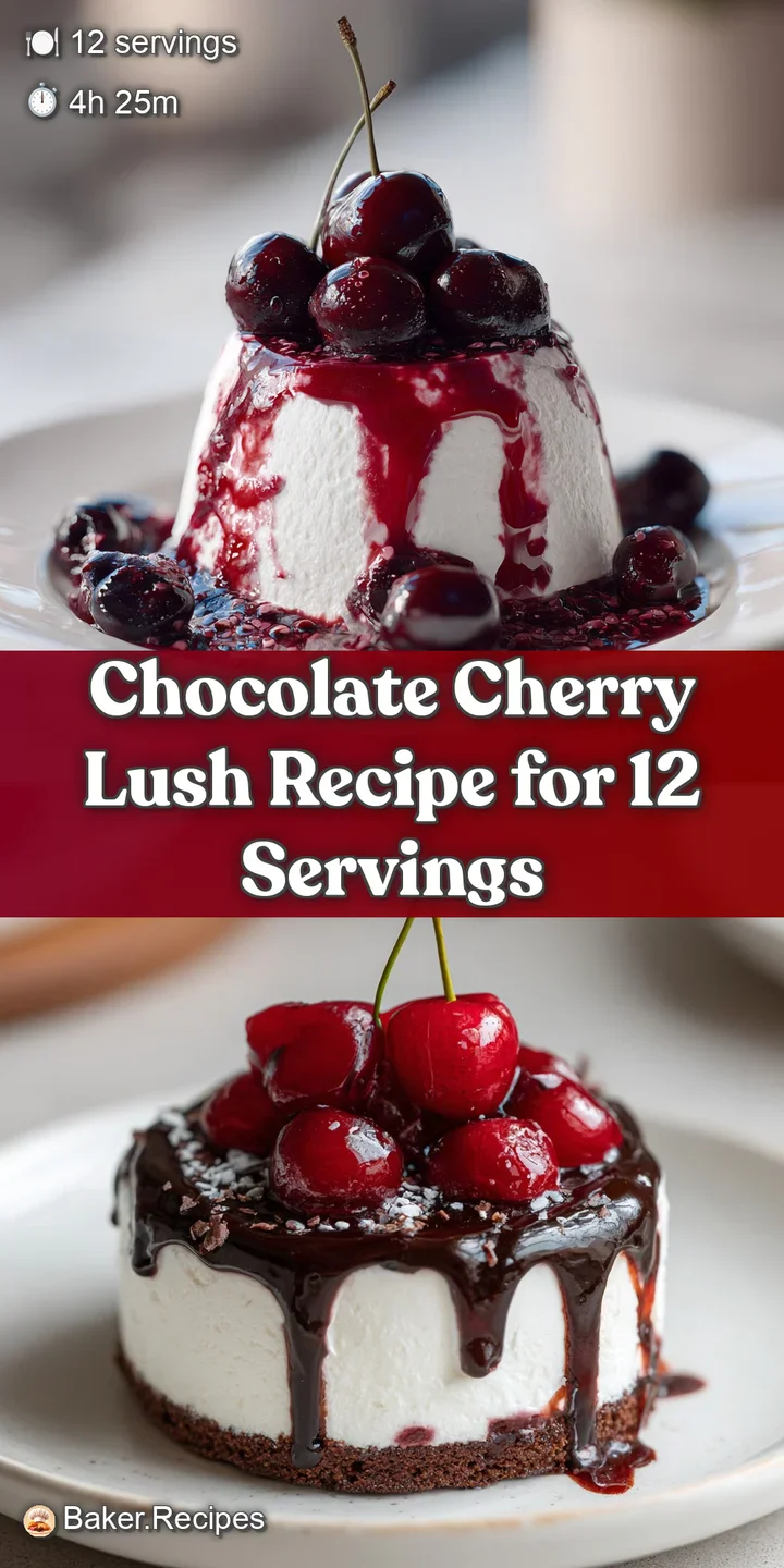 Close-up of the dessert revealing dark chocolate, plump cherries, and creamy layers, highlighting its rich texture and app...