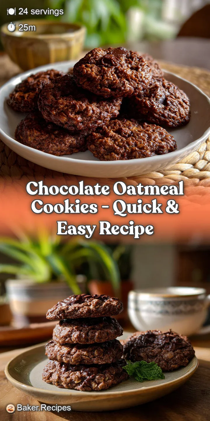 Up-close, rich dark chocolate oatmeal cookie showing moist interior with visible oats, ready to be devoured in one satisfy...