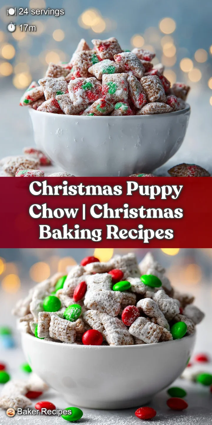 Close-up of a sweet, crunchy snack mix with bright holiday-colored candies, coated in powdery sweetness and rich chocolate.