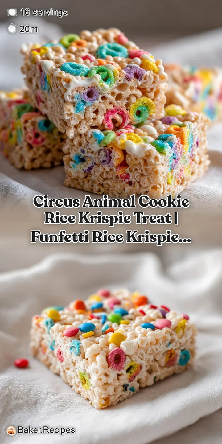 Close-up of a gooey, marshmallow-rich Krispie treat, revealing colorful animal cookie bits and sparkling rainbow sprinkles.