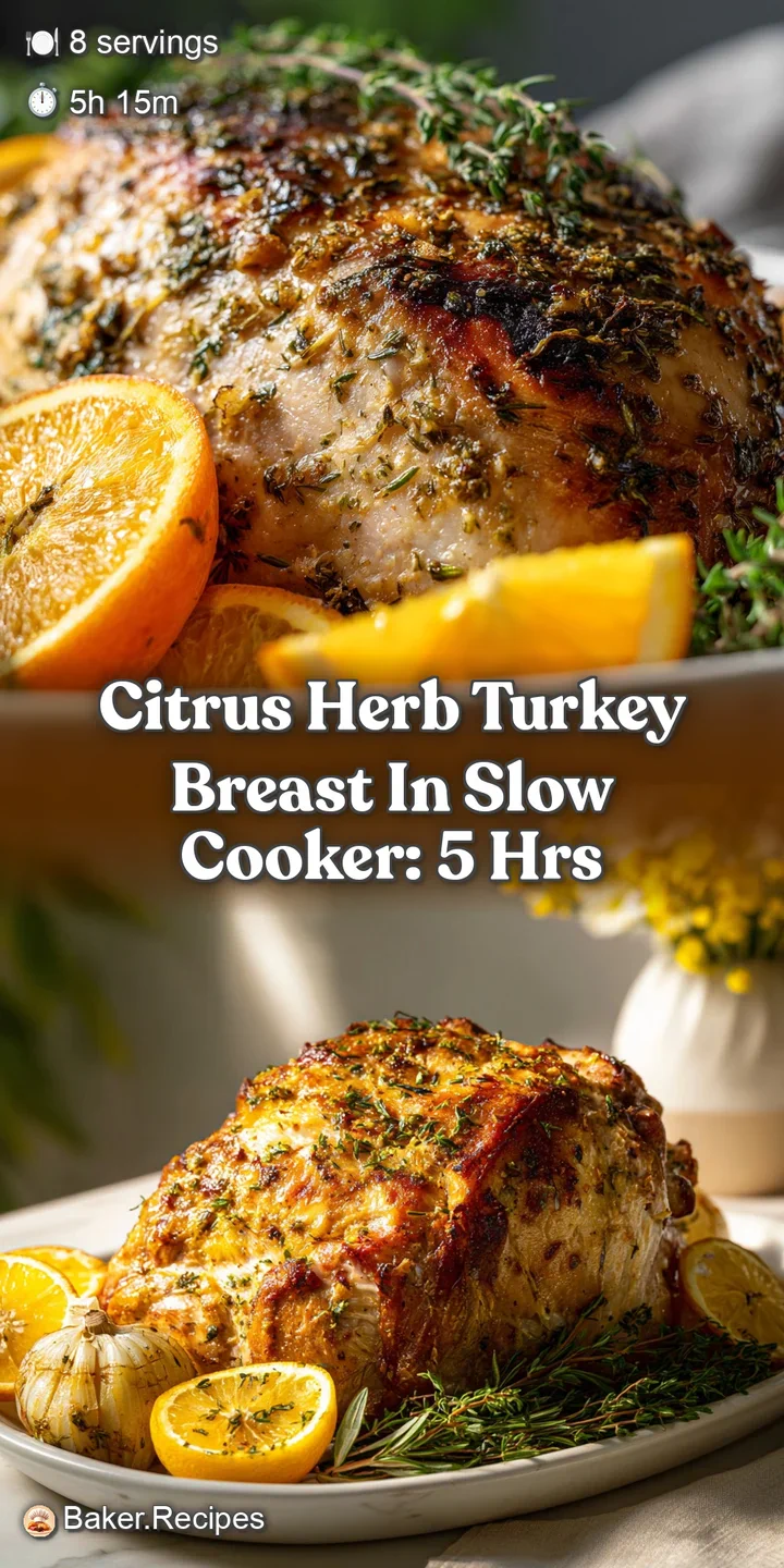 Close-up of tender, moist turkey breast infused with bright citrus and fragrant herbs. The perfect holiday centerpiece in ...