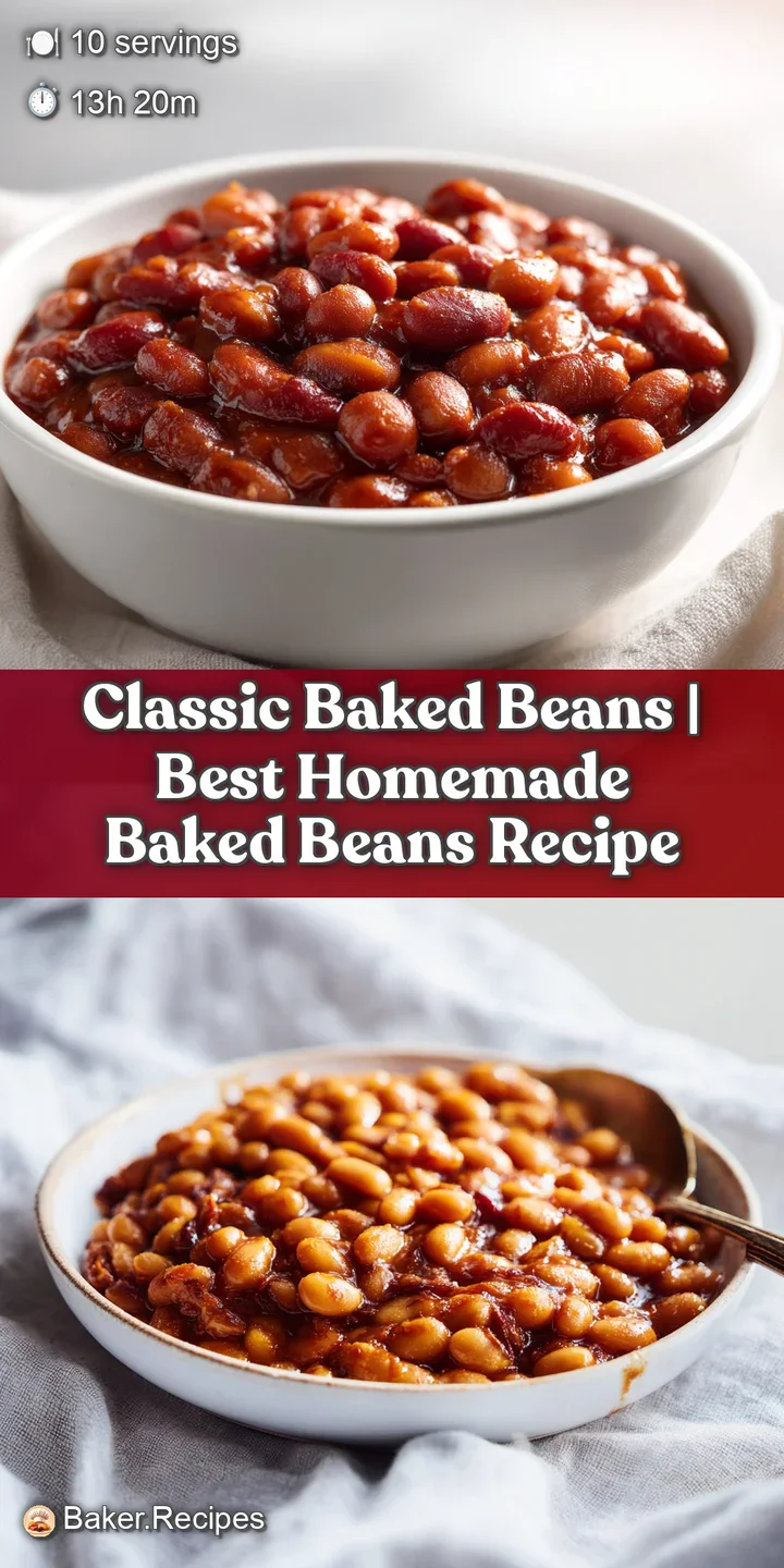 Close-up of slow-cooked baked beans with a glossy, caramelized sheen and tender, plump beans.