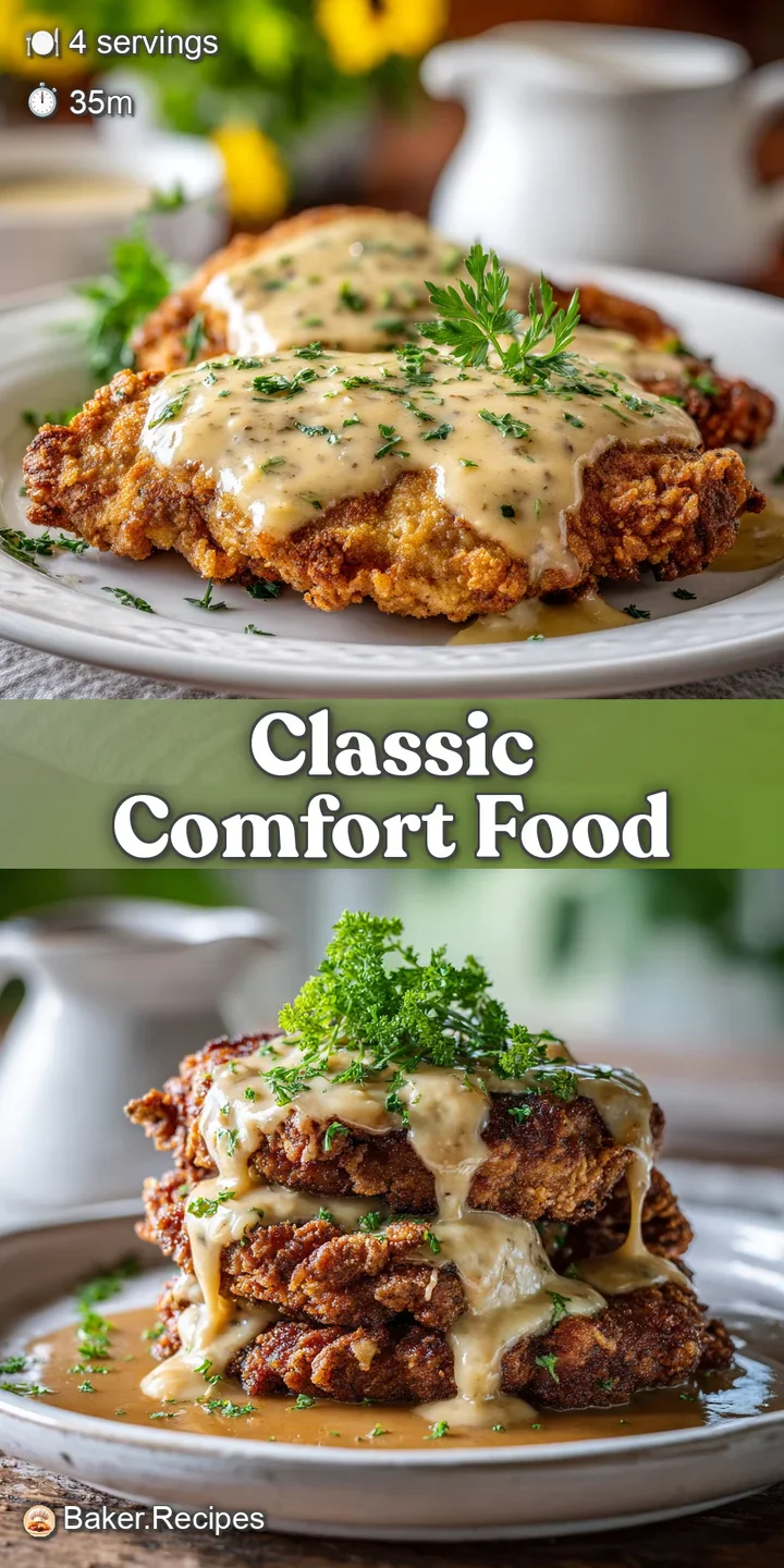 Close-up of a juicy chicken fried steak with crunchy breading, drenched in thick, peppered gravy. Inviting textures and ri...