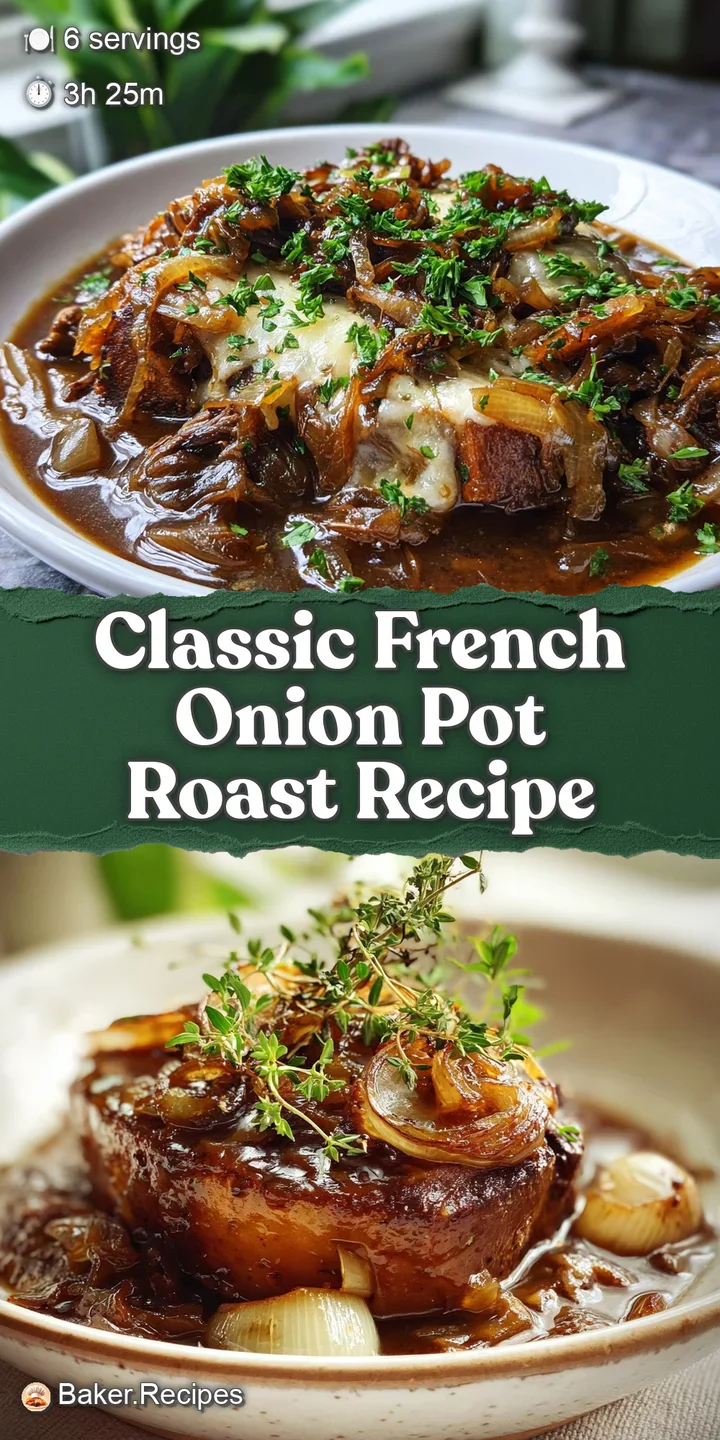 Close-up of fork-tender pot roast, dripping with savory juices, accented by golden caramelized onions and fragrant herbs. ...