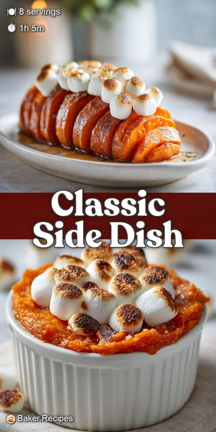 Close-up of a single, glistening candied sweet potato cube, topped with a gooey, browned marshmallow. Visible steam sugges...