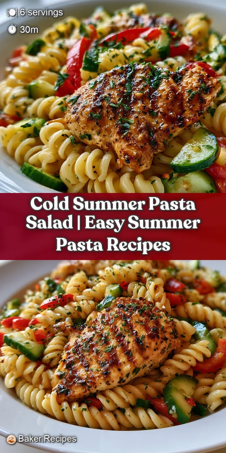 Close-up of glistening rotini, charred chicken chunks, and juicy red cherry tomatoes topped with fresh green parsley.