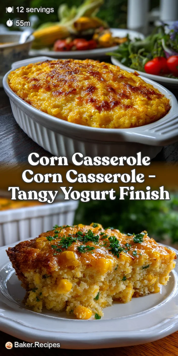 Close-up of a spoonful of creamy corn casserole, showing the tender kernels and rich, velvety texture. A warm, inviting dish.