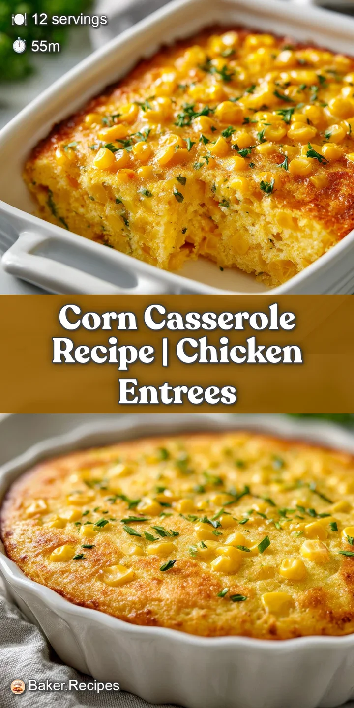 Close-up of a spoon scooping creamy, golden corn casserole. Hints of herbs and a slightly browned, textured top.