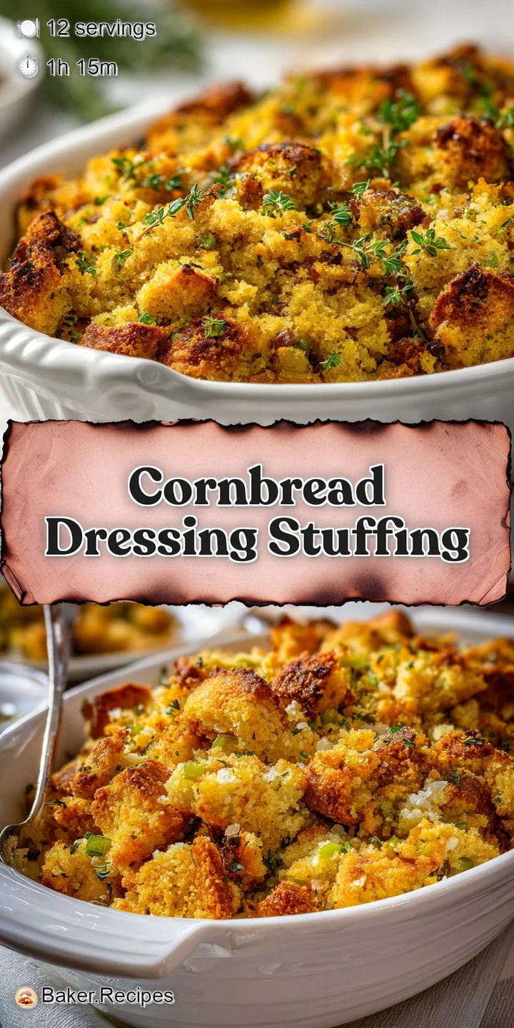 Close-up of golden, moist cornbread dressing with visible sage and thyme, hinting at a warm, savory aroma.