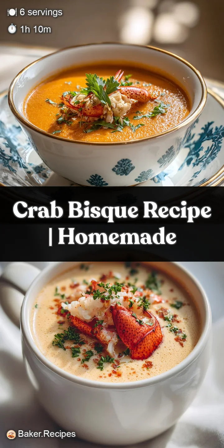 Close-up of rich, creamy crab bisque, showcasing a smooth, velvety texture with flecks of crab and fresh herbs.