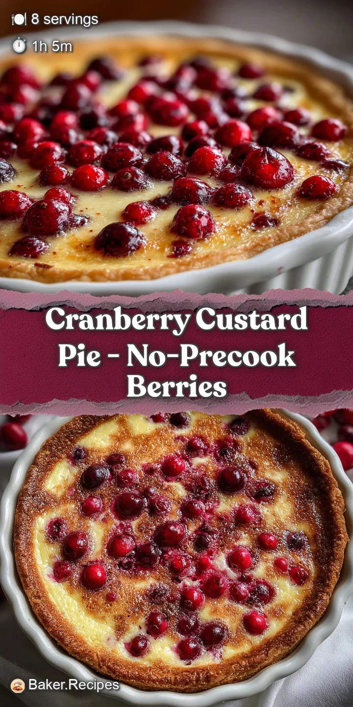 Close-up of a cranberry custard pie slice, highlighting the smooth custard filling and glistening cranberries within.