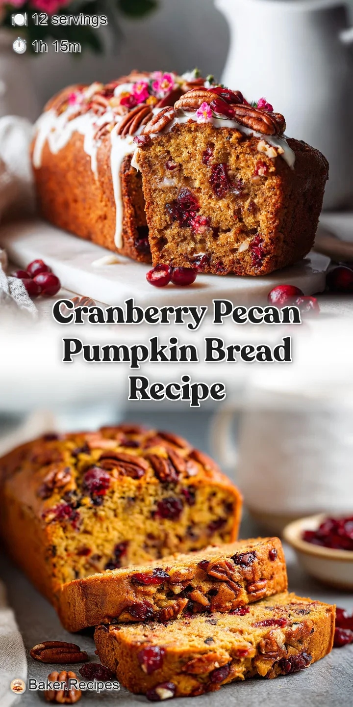 Close-up of pumpkin bread revealing plump cranberries and crunchy pecans, warm color, with a hint of visible steam.