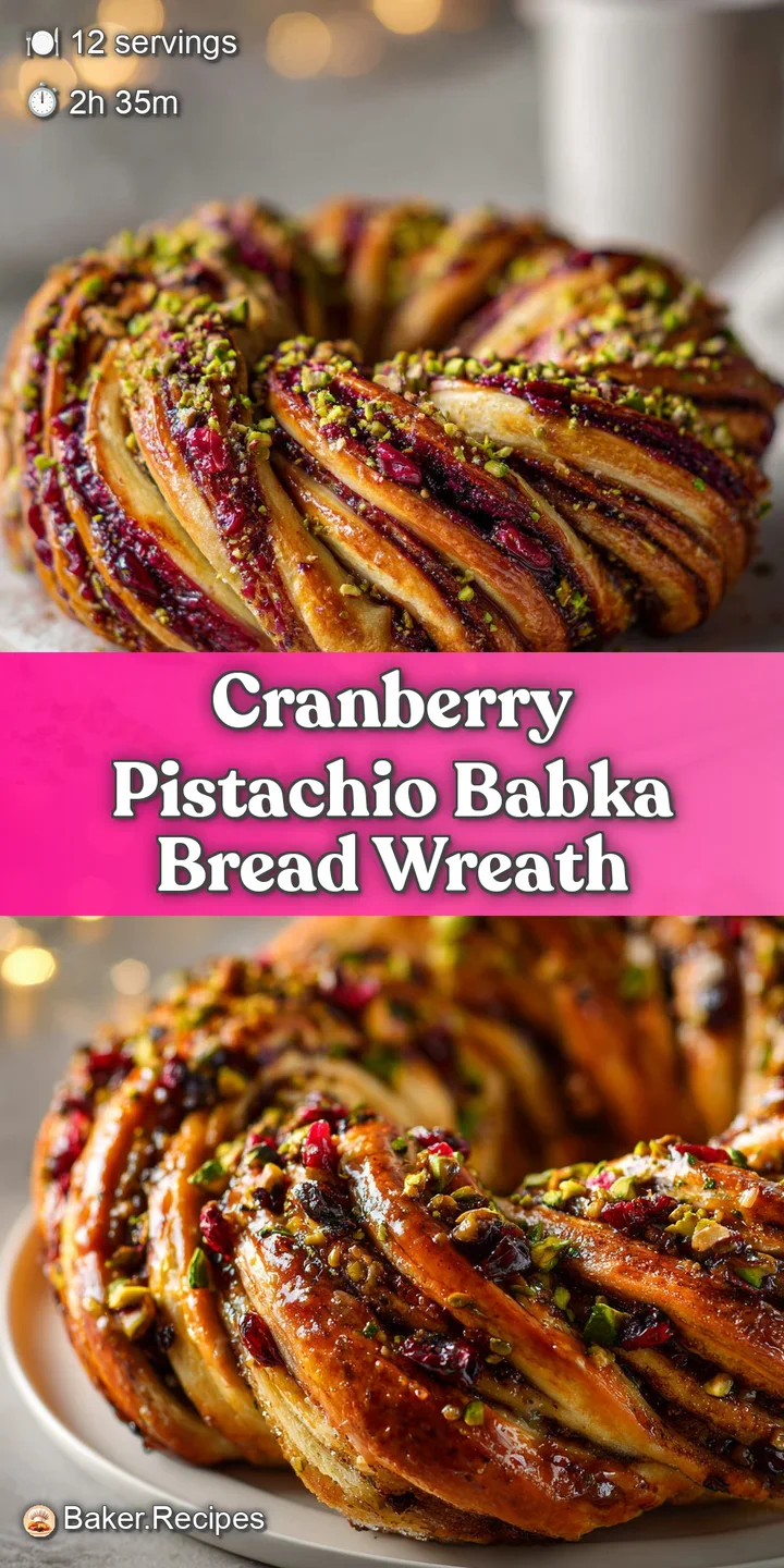 Close-up of a glistening slice of babka, revealing layers of soft dough, bright cranberries, and crunchy chopped pistachios.