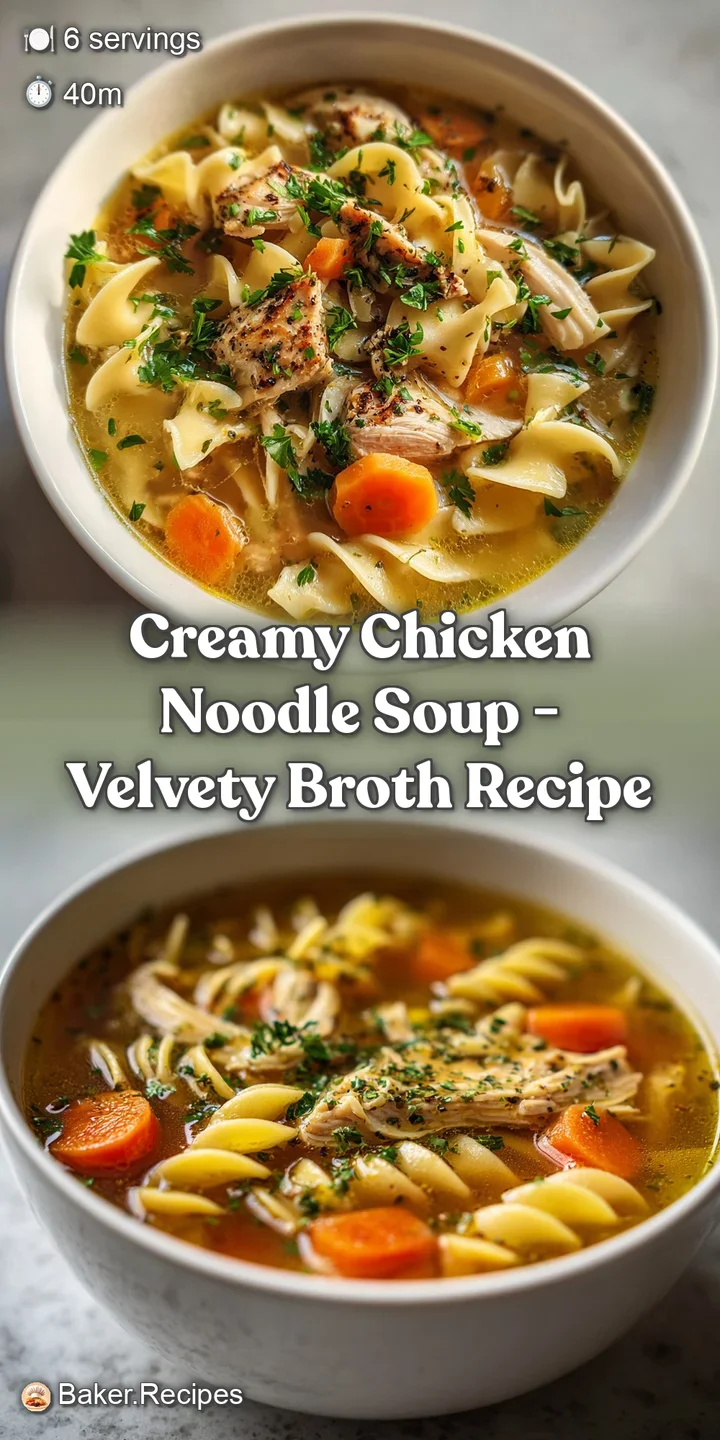 Close-up of creamy chicken noodle soup showing tender chicken pieces, plump noodles, and vibrant herbs in a rich broth.