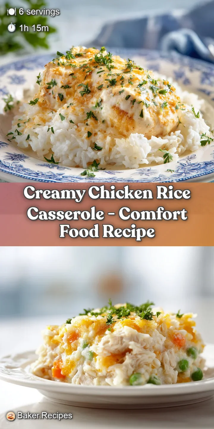 Close-up of chicken and rice casserole: tender chicken pieces and fluffy rice in a rich, creamy sauce with a browned, bubb...