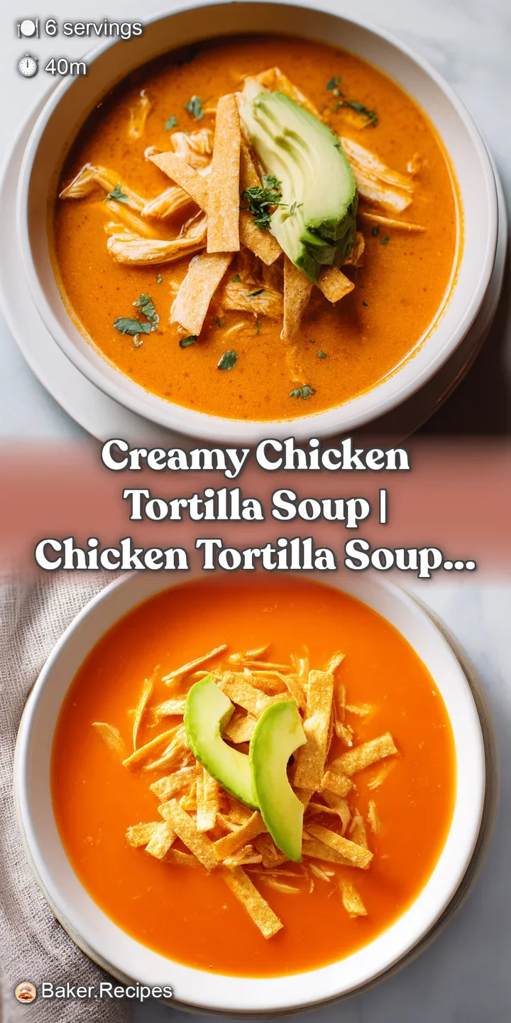 Macro shot of shredded chicken and black beans in a rich, velvety orange broth topped with creamy avocado cubes.