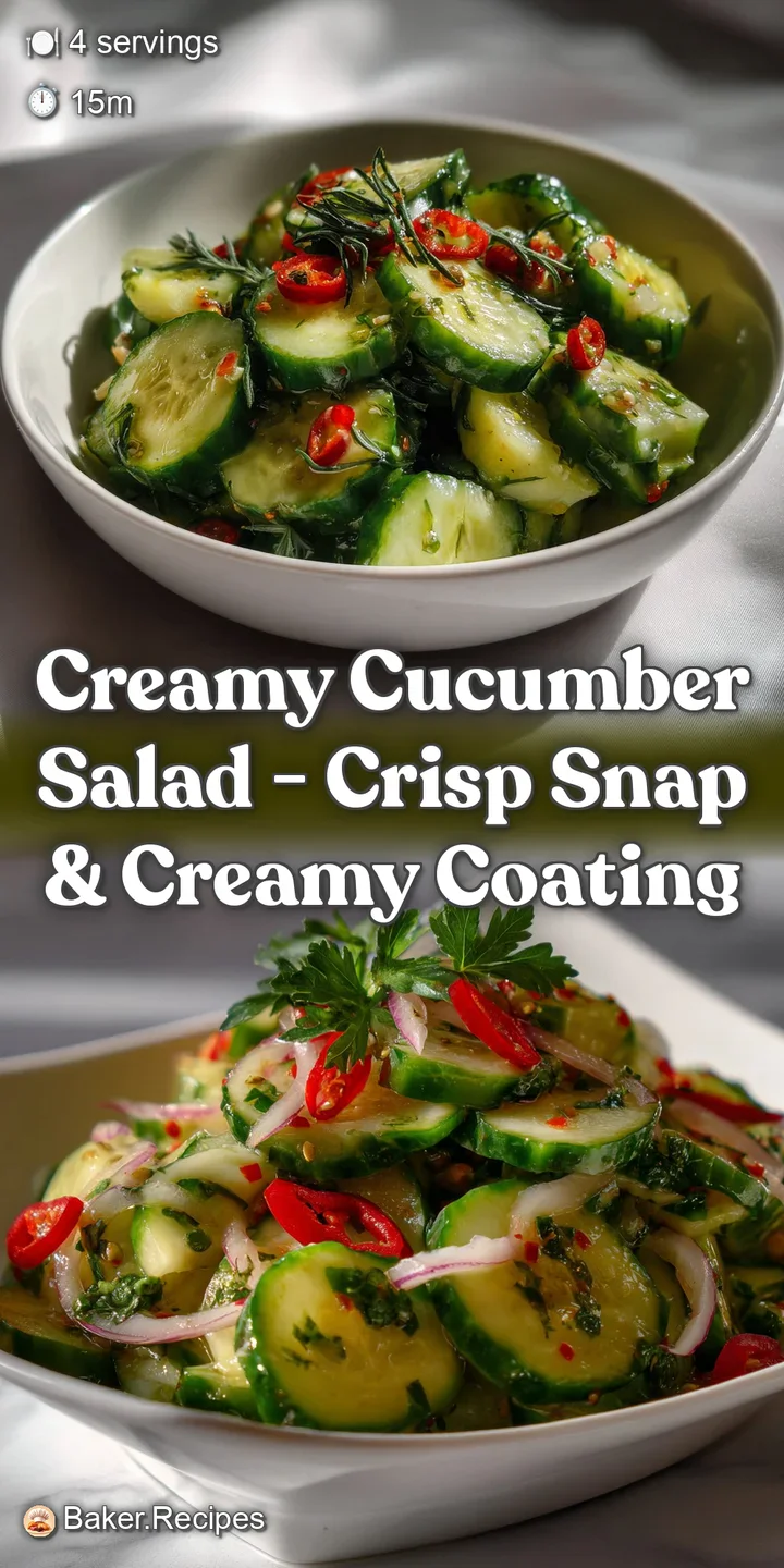 Close-up of a creamy cucumber salad: cool, refreshing, and velvety. Bright green cucumbers are tossed in a luscious, light...