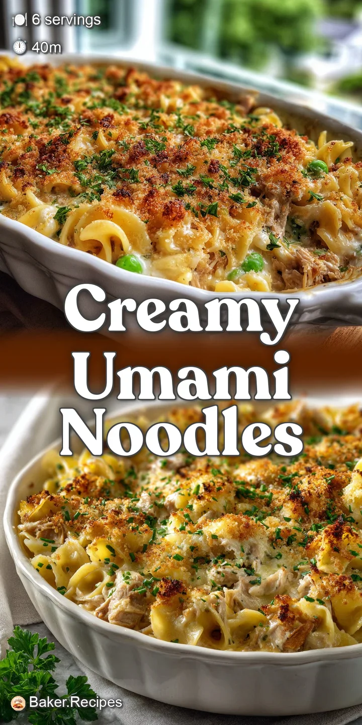 Close-up of bubbling tuna casserole, cheesy and golden-brown, with visible chunks of tuna and egg noodles, looks rich and ...