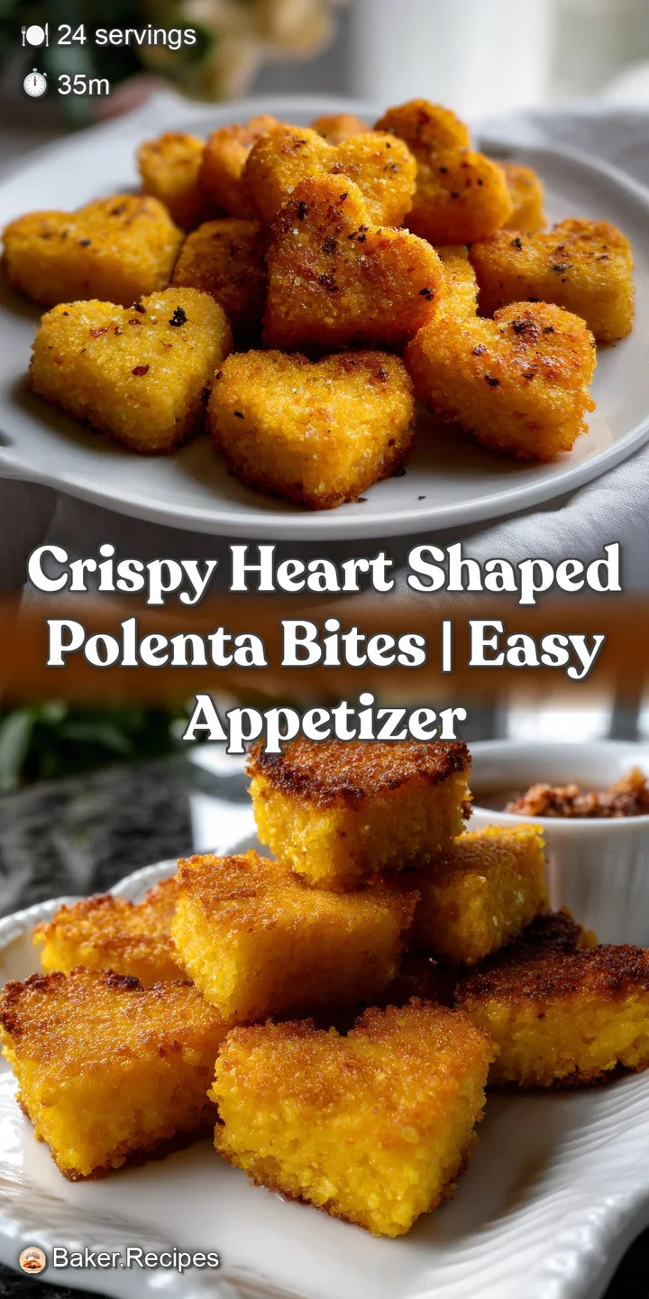 Close-up view of heart-shaped polenta bites, highlighting their crispy, textured surface. The warm golden color promises a...